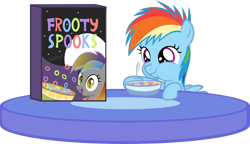 Size: 2222x1280 | Tagged: safe, artist:zacatron94, rainbow dash, bat pony, pegasus, pony, breakfast, cereal, cute, dashabetes, female, filly, filly rainbow dash, slit eyes, solo, spoon, table