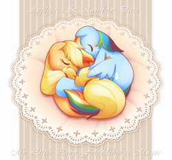 Size: 1200x1120 | Tagged: safe, artist:chinpui, derpibooru import, applejack, rainbow dash, earth pony, pegasus, pony, appledash, pixiv, shipping, sleeping