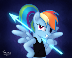 Size: 1600x1300 | Tagged: safe, artist:tina-de-love, derpibooru import, rainbow dash, pegasus, pony, clothes, crossover, ponytail, rainbowdyne, solo, spear, undertale, undyne, weapon