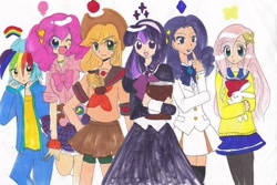 Size: 700x467 | Tagged: safe, derpibooru import, applejack, fluttershy, pinkie pie, rainbow dash, rarity, twilight sparkle, clothes, humanized, mane six, pixiv, skirt, traditional art