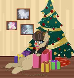 Size: 3024x3172 | Tagged: safe, alternate version, artist:angelina-pax, applejack, pinkie pie, princess luna, spirit of hearth's warming past, oc, oc:time liz, alicorn, earth pony, pony, antlers, blank flank, christmas, christmas lights, christmas tree, clothes, coat, collar, fake antlers, female, glasses, holiday, holly, holly mistaken for mistletoe, mare, marefemale, present, red nose, spirit of hearth's warming presents, spirit of hearth's warming yet to come, tree, ych result