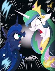 Size: 2782x3601 | Tagged: safe, artist:andypriceart, artist:samoht-lion, color edit, edit, princess luna, alicorn, pony, angry, argument, bust, colored, ethereal mane, female, jewelry, mare, open mouth, peytral, siblings, starry mane, tiara, yelling