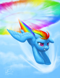 Size: 800x1035 | Tagged: safe, artist:dracontiar, rainbow dash, pegasus, pony, female, flying, mare, sky, solo, sonic rainboom