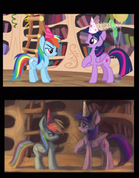 Size: 1679x2151 | Tagged: safe, artist:raikoh, screencap, rainbow dash, twilight sparkle, twilight sparkle (alicorn), alicorn, pegasus, pony, balloon, book, duo, female, hat, ladder, library, mare, party hat, scene interpretation, screencap reference