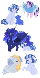 Size: 1024x1999 | Tagged: safe, artist:azure-art-wave, princess luna, starlight glimmer, trixie, oc, oc:lullaby, oc:oslo, oc:pillowtalk lovestruck, alicorn, bear, pegasus, pony, unicorn, ursa, ursa minor, female, filly, magical lesbian spawn, mare, offspring, parent:derpy hooves, parent:honey lemon, parent:starlight glimmer, parent:trixie, parents:startrix, scared, simple background, ursa minimus, white background