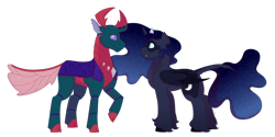 Size: 1280x640 | Tagged: safe, artist:itstechtock, pharynx, princess luna, alicorn, changedling, changeling, pony, alternate design, exoskeleton, female, lunarynx, male, prince pharynx, shipping, simple background, straight, transparent background