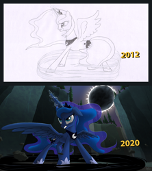 Size: 1920x2166 | Tagged: safe, artist:hydrusbeta, princess luna, alicorn, pony, angry, comparison, eclipse, magic, solo