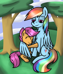 Size: 1944x2273 | Tagged: dead source, safe, artist:reneesdetermination, rainbow dash, scootaloo, pegasus, pony, hug, scootalove, tree, winghug