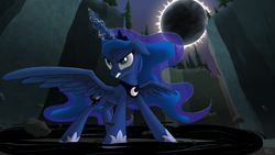 Size: 1920x1080 | Tagged: safe, artist:hydrusbeta, princess luna, alicorn, pony, angry, eclipse, magic, solar eclipse, solo