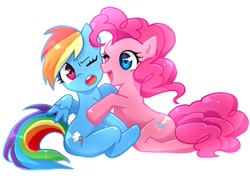 Size: 1060x800 | Tagged: safe, artist:２時過ぎ午後, derpibooru import, pinkie pie, rainbow dash, earth pony, pegasus, pony, female, lesbian, pinkiedash, shipping