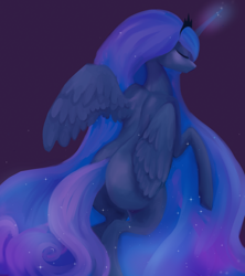 Size: 1200x1350 | Tagged: safe, artist:minckies, princess luna, alicorn, pony, butt, crown, cute, eyes closed, female, glowing horn, horn, jewelry, lunabetes, mare, missing accessory, missing cutie mark, plot, purple background, rearing, regalia, simple background, solo, speedpaint available, spread wings, wings