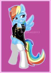 Size: 900x1277 | Tagged: dead source, safe, artist:wolfykat, rainbow dash, pegasus, pony, abstract background, bipedal, clothes, female, mare, simple background, smugdash, socks, solo, watermark