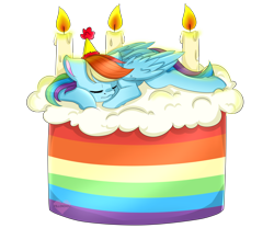 Size: 3000x2500 | Tagged: safe, artist:pillonchou, derpibooru import, rainbow dash, pegasus, pony, cake, food, hat, party hat, ponies in food, sleeping, solo