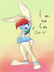 Size: 768x1024 | Tagged: safe, artist:lumepone, derpibooru import, rainbow dash, pegasus, pony, bipedal, bunny costume, clothes, i'm not cute, solo