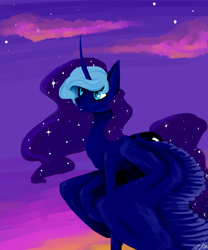 Size: 2236x2683 | Tagged: safe, artist:creeate97, princess luna, alicorn, pony, female, gradient background, lineless, mare, solo, spread wings, stars, wings