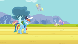 Size: 960x538 | Tagged: safe, screencap, derpy hooves, dizzy twister, orange swirl, parasol, rainbow dash, rainbowshine, pegasus, pony, hurricane fluttershy, female, mare