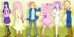 Size: 1200x600 | Tagged: safe, artist:shibi, artist:しび, derpibooru import, applejack, fluttershy, pinkie pie, rainbow dash, rarity, twilight sparkle, clothes, dress, humanized, mane six, pixiv, skinny, skirt