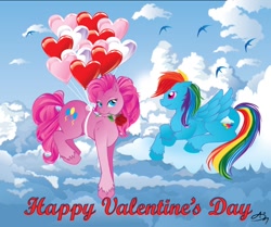 Size: 812x678 | Tagged: safe, artist:greenasday, derpibooru import, pinkie pie, rainbow dash, earth pony, pegasus, pony, balloon, female, lesbian, pinkiedash, shipping, then watch her balloons lift her up to the sky, valentine, valentine's day