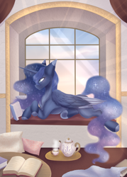 Size: 2401x3353 | Tagged: safe, artist:shadow-nights, princess luna, alicorn, pony, book, cheek fluff, chest fluff, colored ears, colored hooves, crepuscular rays, cup, female, high res, mare, pillow, profile, prone, reading, solo, teacup, teapot, two toned wings, window, window seat, wings