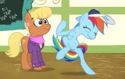 Size: 384x242 | Tagged: safe, screencap, ms. harshwhinny, rainbow dash, pegasus, pony, flight to the finish, animation error, bipedal