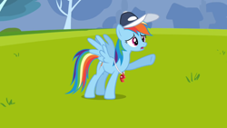 Size: 1054x593 | Tagged: safe, screencap, rainbow dash, pegasus, pony, hurricane fluttershy, coach, hat, solo, whistle