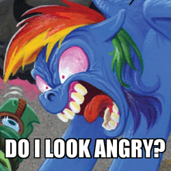 Size: 450x450 | Tagged: safe, artist:andypriceart, derpibooru import, idw, rainbow dash, tank, pegasus, pony, spoiler:comic, spoiler:comic41, do i look angry, faic, image macro, meme, nightmare face, nightmare fuel, rage, rainbow douche