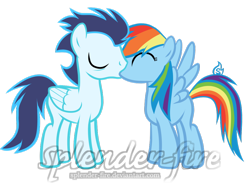 Size: 1024x769 | Tagged: safe, artist:splender-fire, derpibooru import, rainbow dash, soarin', pegasus, pony, female, kissing, male, shipping, soarindash, straight, watermark