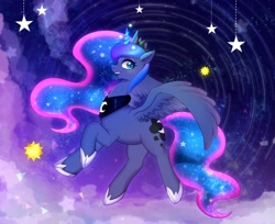 Size: 1280x1046 | Tagged: safe, artist:hosikawa, princess luna, alicorn, pony, crown, cute, ethereal mane, female, glowing horn, horn, jewelry, lunabetes, mare, open mouth, profile, regalia, solo, spread wings, starry mane, stars, wings