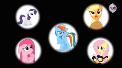 Size: 633x351 | Tagged: safe, derpibooru import, screencap, applejack, fluttershy, pinkie pie, rainbow dash, rarity, earth pony, pegasus, pony, unicorn, magical mystery cure, catasterism, hub logo, pinkamena diane pie, swapped cutie marks, the hub, what my cutie mark is telling me