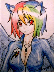 Size: 2403x3180 | Tagged: safe, artist:kevinthecrushinator, derpibooru import, rainbow dash, human, breasts, cleavage, eared humanization, earring, female, humanized, necklace, piercing, rainboob dash, solo, traditional art, winged humanization, zipper