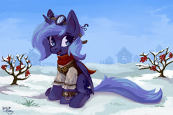 Size: 3000x2000 | Tagged: safe, artist:amy-gamy, princess luna, alicorn, pony, clothes, cute, digital art, female, filly, goggles, high res, lunabetes, s1 luna, sitting, smiling, snow, solo, steampunk, watch, winter, woona, wristwatch, younger