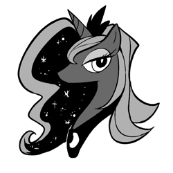 Size: 600x600 | Tagged: safe, artist:rariatoo, princess luna, alicorn, pony, grayscale, looking at you, lune, monochrome, portraot, profile, simple background, solo, white background