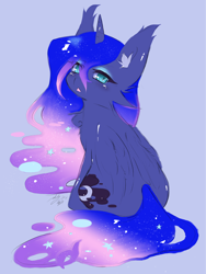 Size: 2560x3412 | Tagged: safe, artist:luna-491, princess luna, alicorn, pony, :<, blue background, cheek fluff, chest fluff, cute, ear fluff, ethereal mane, female, high res, looking at you, looking back, looking back at you, lunabetes, mare, simple background, sitting, solo, starry mane