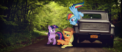 Size: 4643x2011 | Tagged: safe, artist:ancientkale, artist:crusierpl, artist:gtun3d, artist:jrrhack, derpibooru import, applejack, rainbow dash, twilight sparkle, car, gmc, irl, photo, ponies in real life, vector