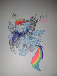 Size: 1920x2560 | Tagged: safe, artist:blackrose416, derpibooru import, rainbow dash, changeling, pegasus, pony, blushing, confused, cute, happy, hug, shipping, smiling, traditional art