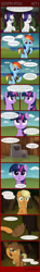 Size: 341x2334 | Tagged: safe, artist:flufflelord, derpibooru import, applejack, rainbow dash, rarity, twilight sparkle, earth pony, pegasus, pony, unicorn, comic:equestria royale, battle royale, comic, forest, grass, hat, saddle bag, wide eyes