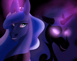 Size: 1280x1024 | Tagged: safe, artist:yuriio-nice, nightmare moon, princess luna, alicorn, pony, duo, glowing eyes, glowing horn, horn, lightly watermarked, self ponidox, watermark