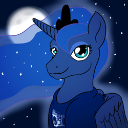 Size: 1200x1200 | Tagged: safe, artist:mcsplosion, princess luna, alicorn, pony, clothes, female, looking at you, moon, night, shirt, solo, t-shirt