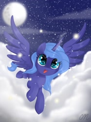 Size: 1024x1366 | Tagged: safe, artist:sunshineshiny, princess luna, alicorn, pony, cloud, cute, female, filly, flying, lunabetes, moon, night, open mouth, s1 luna, sky, solo, spread wings, starry night, stars, wings, woona, younger