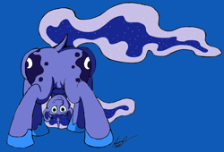 Size: 1992x1356 | Tagged: safe, artist:lucas_gaxiola, princess luna, alicorn, pony, both cutie marks, butt, dock, ethereal mane, featureless crotch, female, framed by legs, hoof shoes, looking at you, looking between legs, mare, moonbutt, signature, simple background, smiling, solo, starry mane