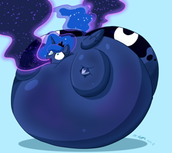 Size: 1280x1138 | Tagged: safe, artist:necrofeline, princess luna, tantabus, alicorn, pony, female, immobile, inflation, light blue background, mare