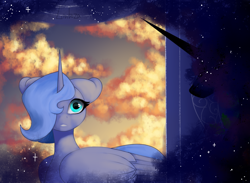 Size: 1624x1191 | Tagged: safe, artist:livitoza, nightmare moon, princess luna, alicorn, pony, cloud, duality, ethereal mane, face not visible, female, floppy ears, hair over one eye, mare, s1 luna, sky, starry mane