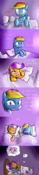 Size: 800x3600 | Tagged: safe, artist:starykrow, rainbow dash, scootaloo, pegasus, pony, ask the cmc, bed, dream, heart, plushie, sleeping, tumblr