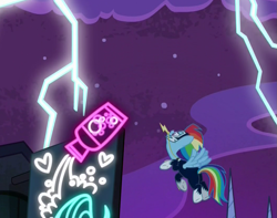 Size: 1053x830 | Tagged: safe, screencap, rainbow dash, zapp, pegasus, pony, power ponies (episode), lightning, neon, neon sign, power ponies, solo