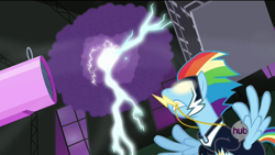 Size: 1920x1080 | Tagged: safe, rainbow dash, zapp, pegasus, pony, power ponies (episode), glowing eyes, hub logo, lightning, power ponies, solo, storm