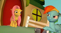 Size: 1650x885 | Tagged: safe, artist:herpderpington11, derpibooru import, fluttershy, rainbow dash, pegasus, pony, hurricane fluttershy, 3d, fluttershy's cottage, gmod, paint can, poker face, pony pox, scene interpretation, smiling