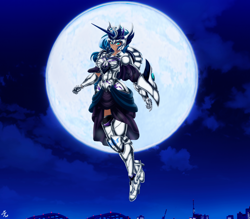 Size: 4150x3642 | Tagged: safe, alternate version, artist:mauroz, princess luna, human, armor, cloud, female, full moon, gauntlet, high res, humanized, moon, night, sky, solo