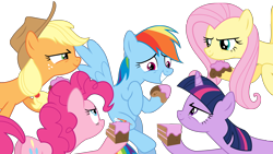 Size: 8192x4608 | Tagged: safe, artist:kiowa213, derpibooru import, applejack, fluttershy, pinkie pie, rainbow dash, twilight sparkle, unicorn twilight, earth pony, pegasus, pony, unicorn, sweet and elite, absurd resolution, bad poker face, cake, evil grin, female, food, imminent cake fight, mare, simple background, smiling, transparent background, vector