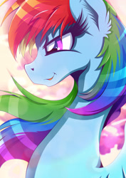 Size: 1358x1920 | Tagged: safe, artist:rariedash, derpibooru import, part of a set, rainbow dash, pegasus, pony, bust, ear fluff, female, long neck, looking forward, mare, portrait, solo, spread wings, windswept mane, wings