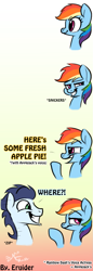 Size: 447x1300 | Tagged: safe, artist:erudier, rainbow dash, soarin', pegasus, pony, ashleigh ball, female, male, shipping, soarindash, straight, voice actor joke